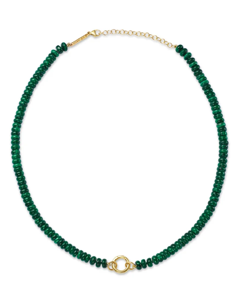 14K Yellow Gold Malachite Beads Necklace, 16-18"