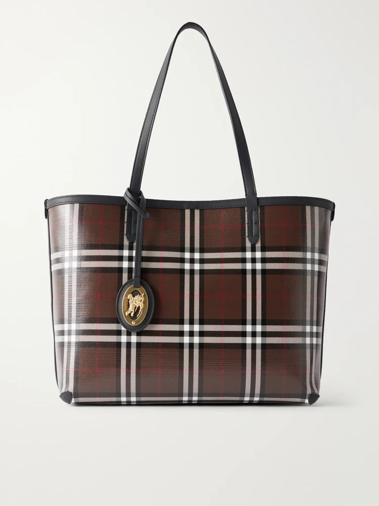 Checked leather-trimmed glossy canvas tote