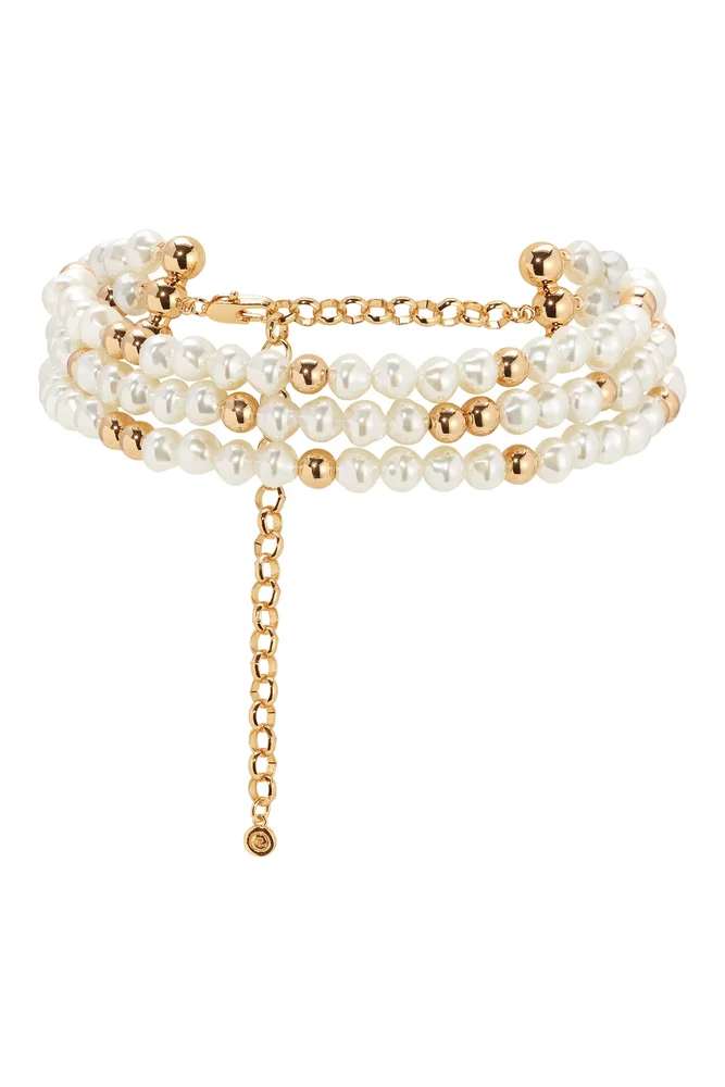 Faux Pearl Beaded Triple Layer Choker Necklace