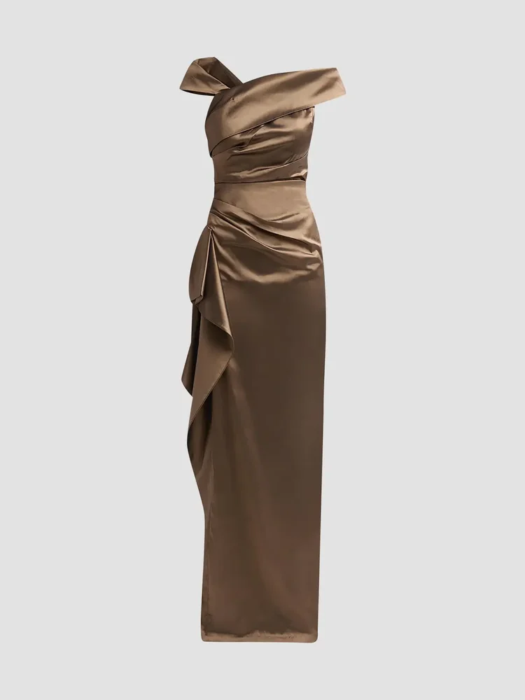 Draped Woven Taffeta Column Gown