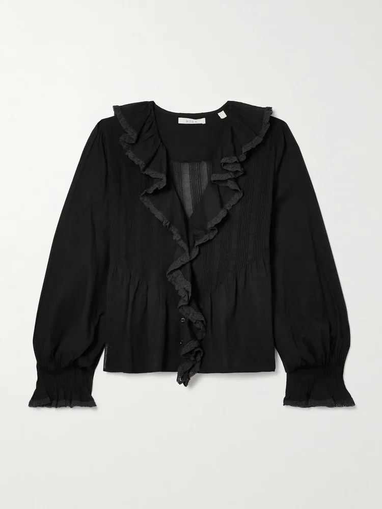 hardy lace trimmed ruffled pintucked organic cotton voile blouse
