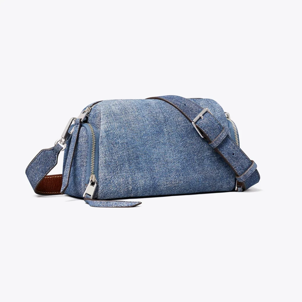 Perry Denim-Print Suede Voyager Crossbody Bag