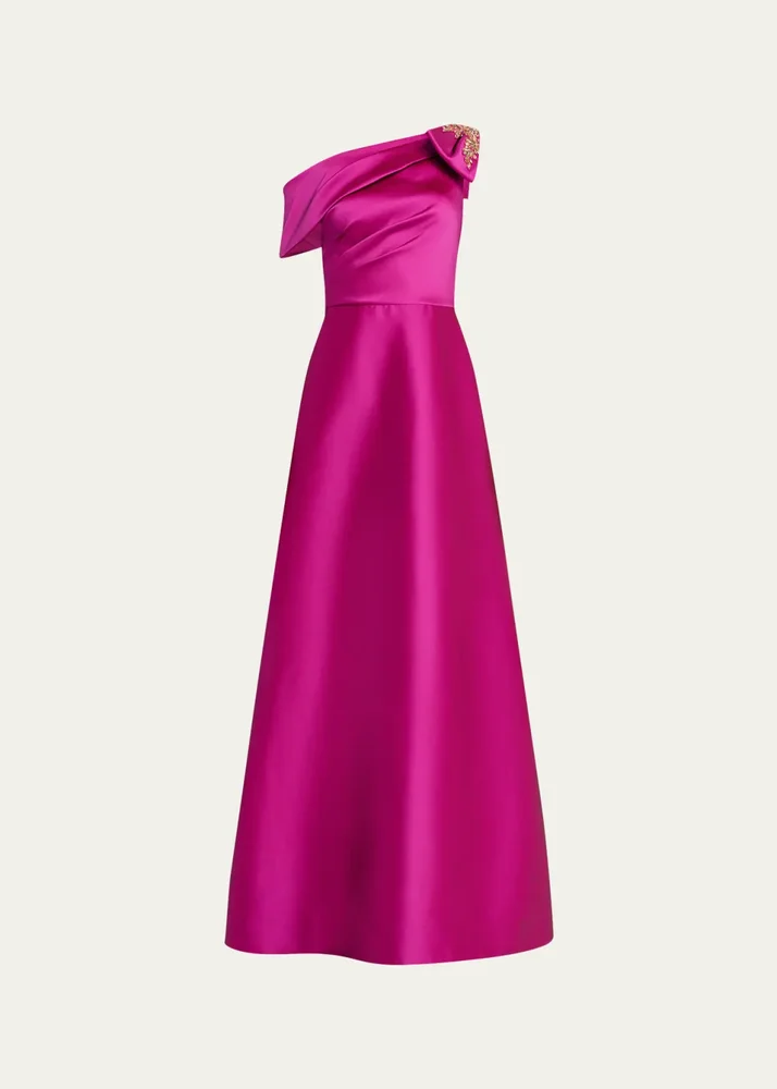Draped One-Shoulder Bow Gown