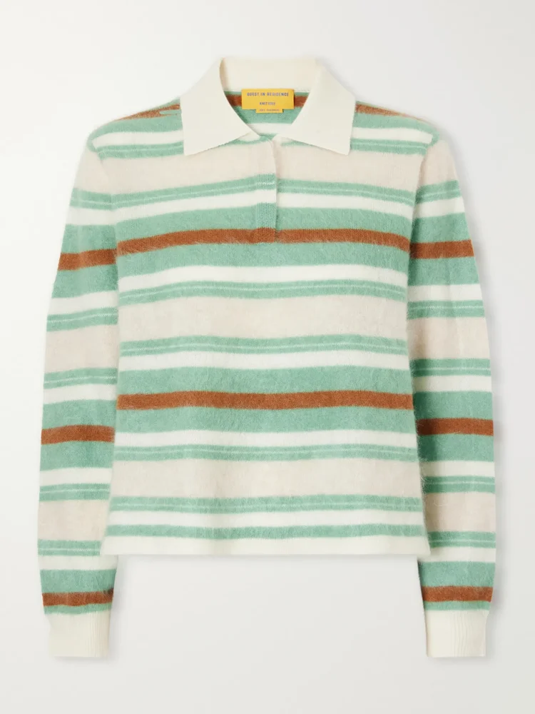 Grizzly cropped striped brushed cashmere polo sweater