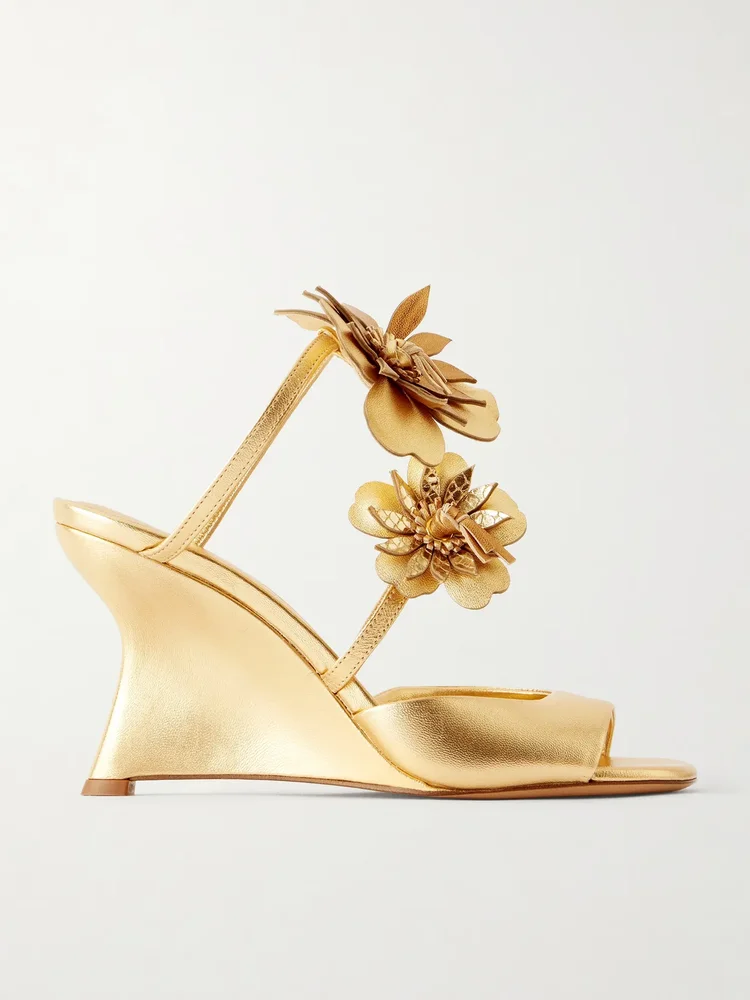 Belara Appliqued Metallic Leather Wedge Sandals