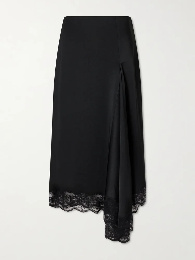 Asymmetric draped lace-trimmed crepe midi skirt