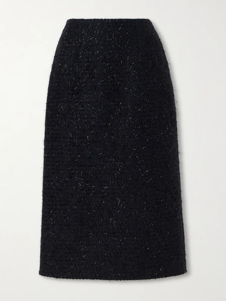 Shearling-trimmed metallic-tweed midi skirt