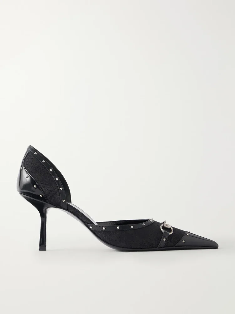 Savoy horsebit-embellished leather-trimmed canvas-jacquard pumps