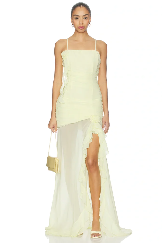 Eziya Ruched Frill Trim Maxi Dress