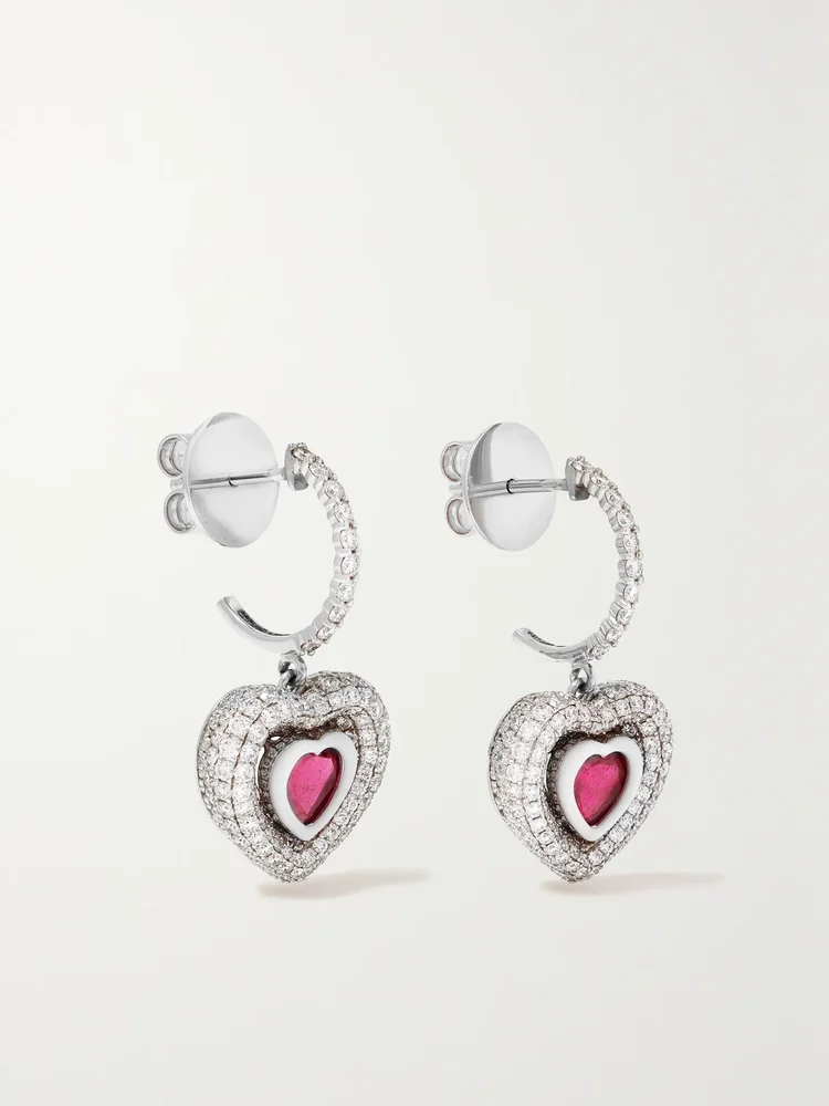 Manaal Heart 18-karat white gold, enamel, ruby and diamond earrings