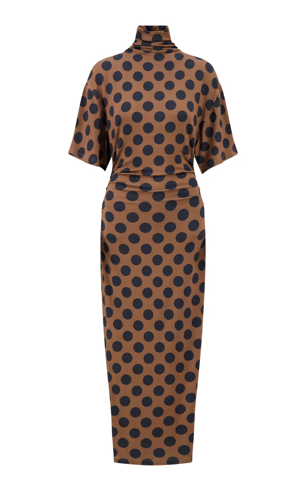 Polka Dot Jersey Turtleneck Dress