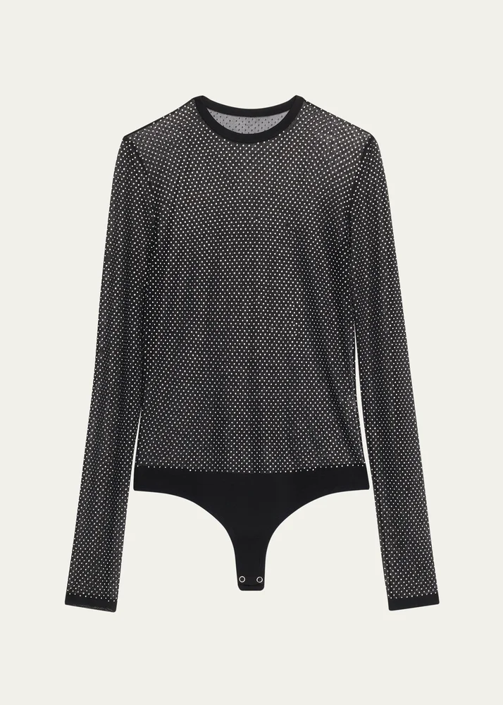 Long-Sleeve Crystal Mesh Crewneck Bodysuit