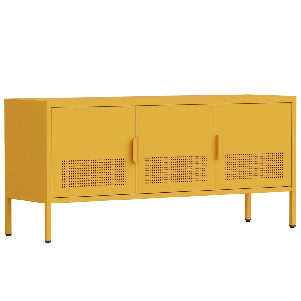Yellow 47.3" Wide 3 Door Metal TV Stand With Adjustable Shelf