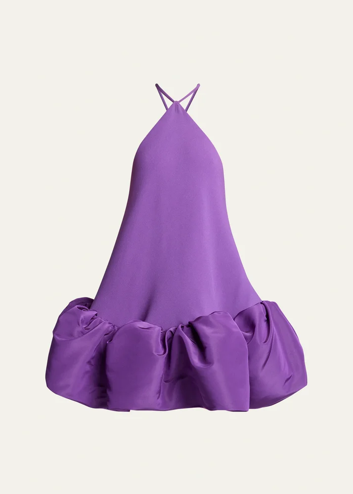 Silk Balloon Ruffle Mini Halter Dress