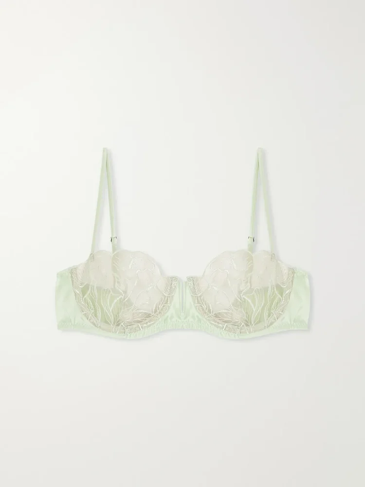 Calla Lily floral-embroidered mesh and satin balconette bra