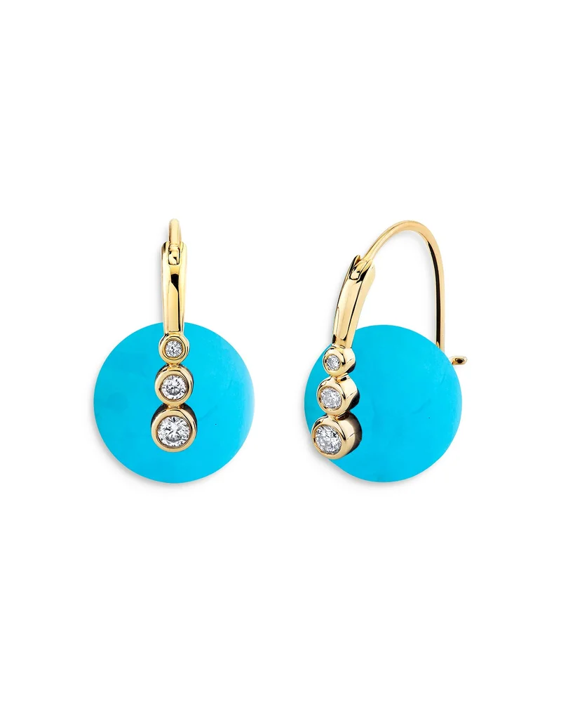 14K Yellow Gold Turquoise & Diamond Hoop Earrings