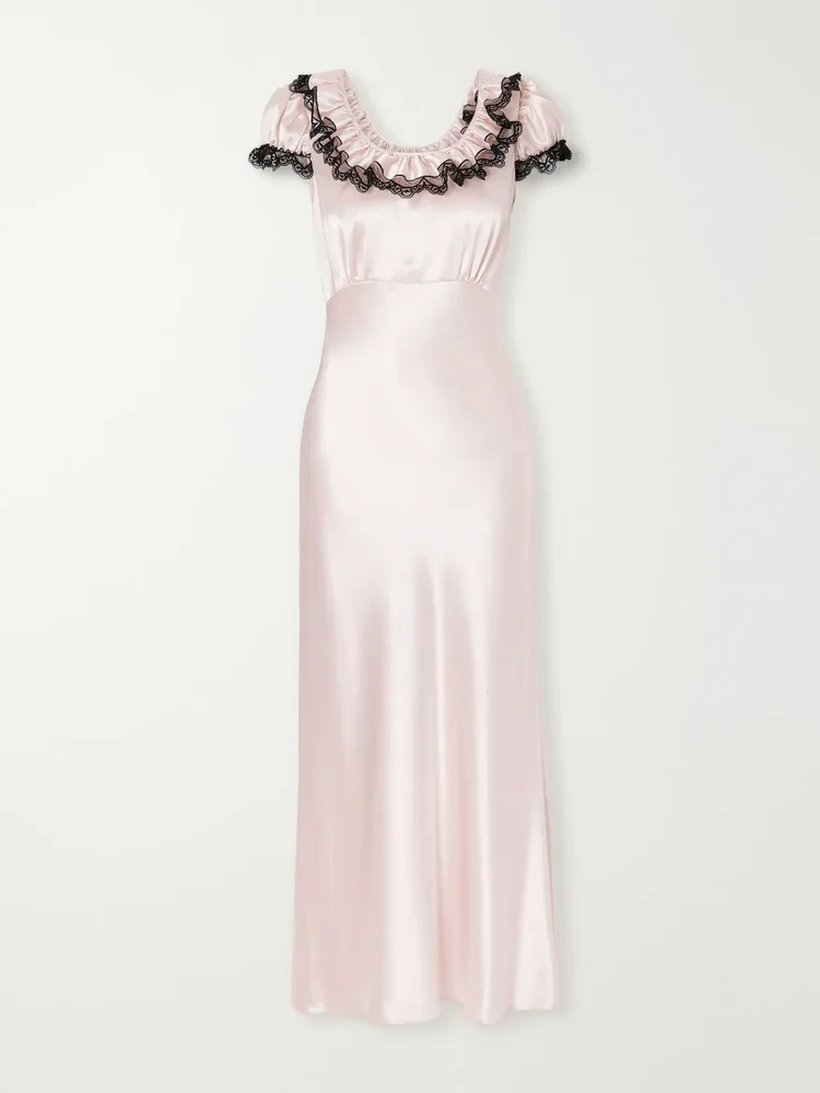 Ruffled lace-trimmed satin midi dress