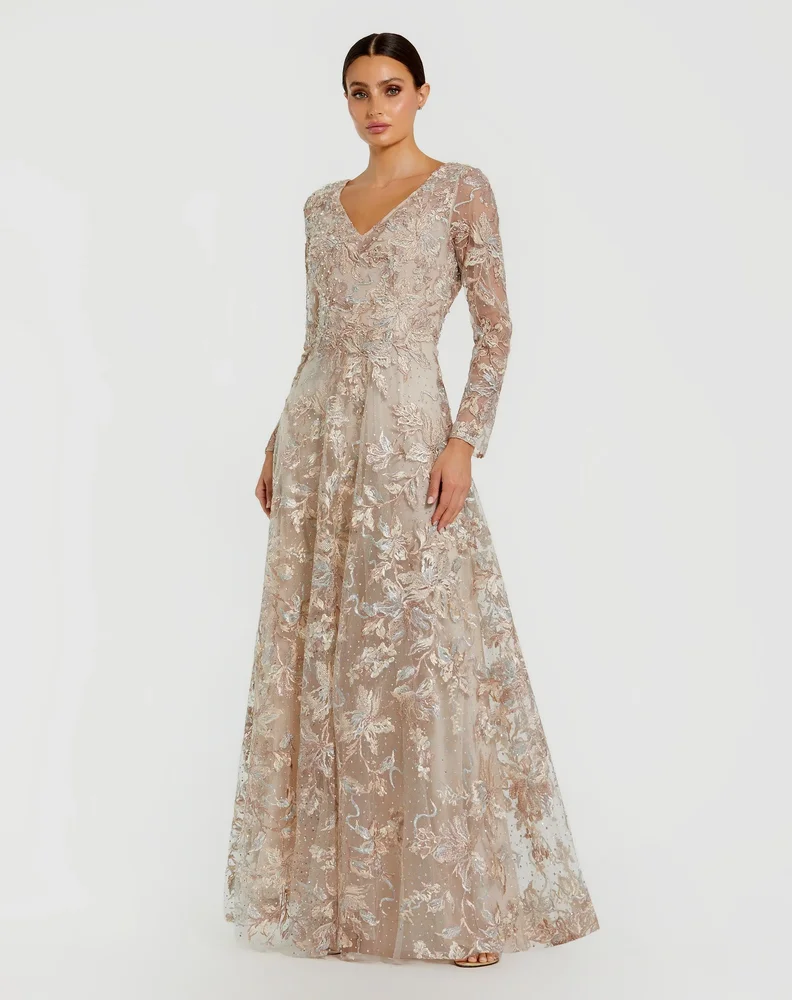 Embroidered Long Sleeve A-Line Gown