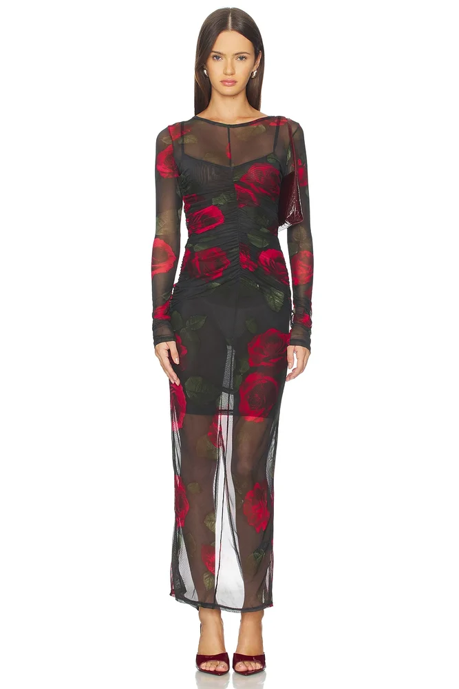 Mesh Ruched Maxi Dress