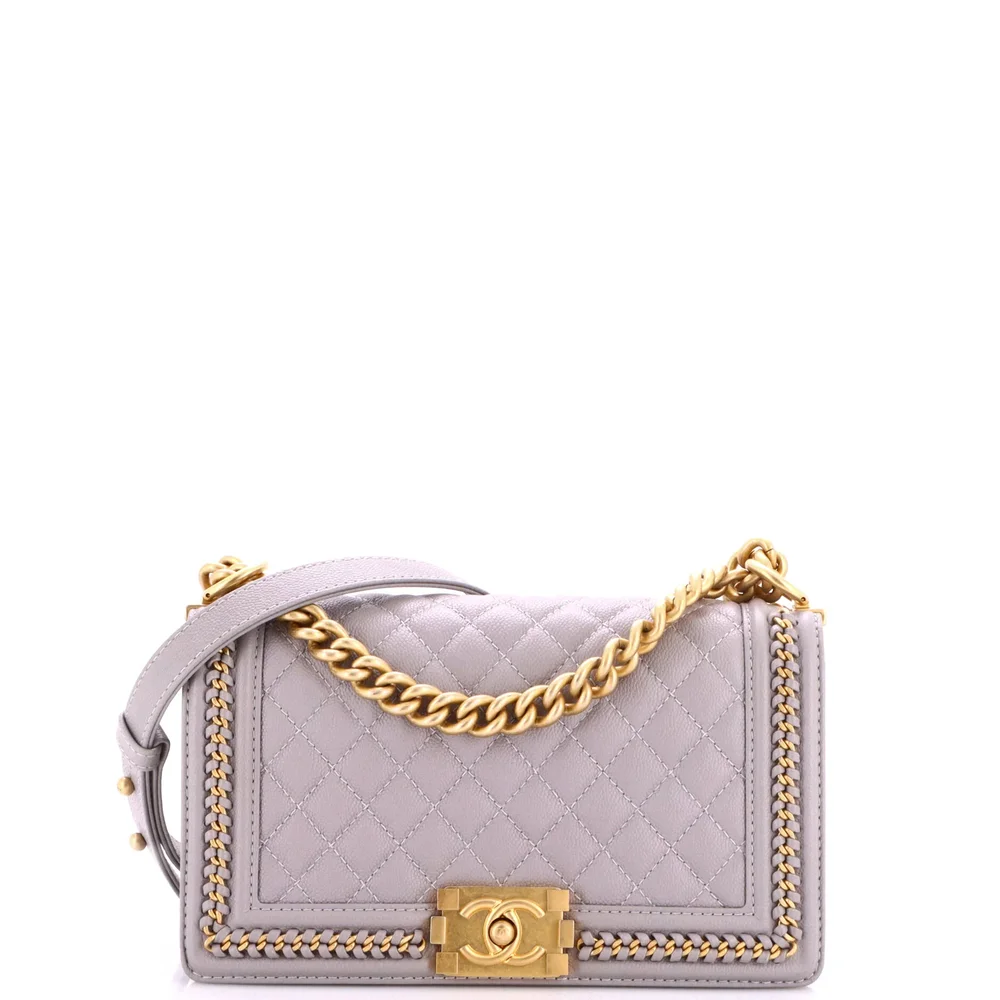 Pre-Owned Chanel Boy Flap Bag Quilted Caviar with Whipstitch Chain Detail Old Medium