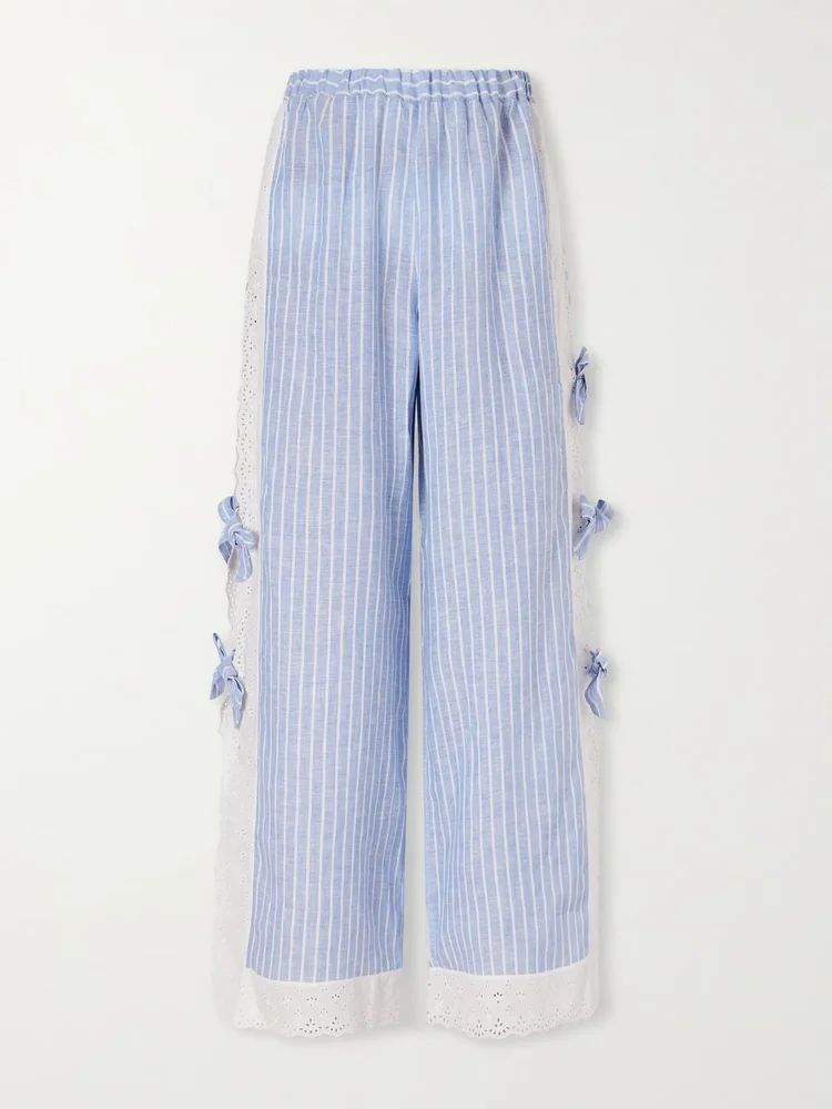 Clarissa bow-embellished striped broderie anglaise-trimmed linen straight-leg pants