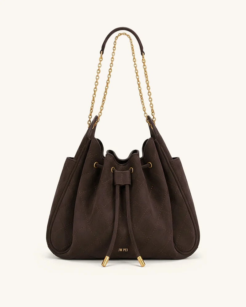 JW PEI Rowan Faux Suede Quilted Chain Bucket Bag - Dark Brown