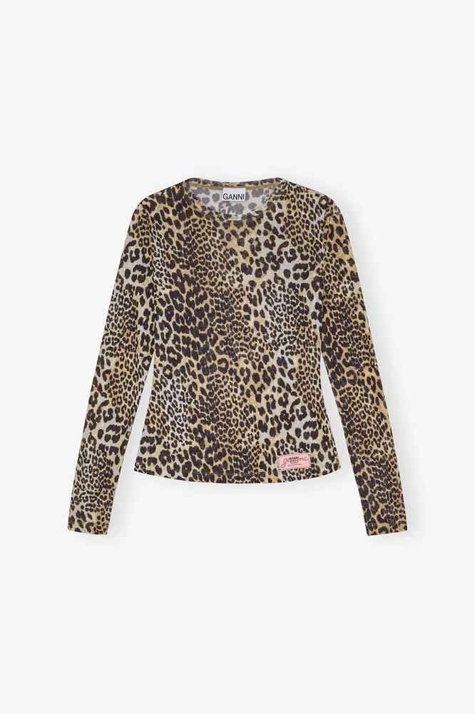 Leopard Printed Mesh Long-sleeve Blouse