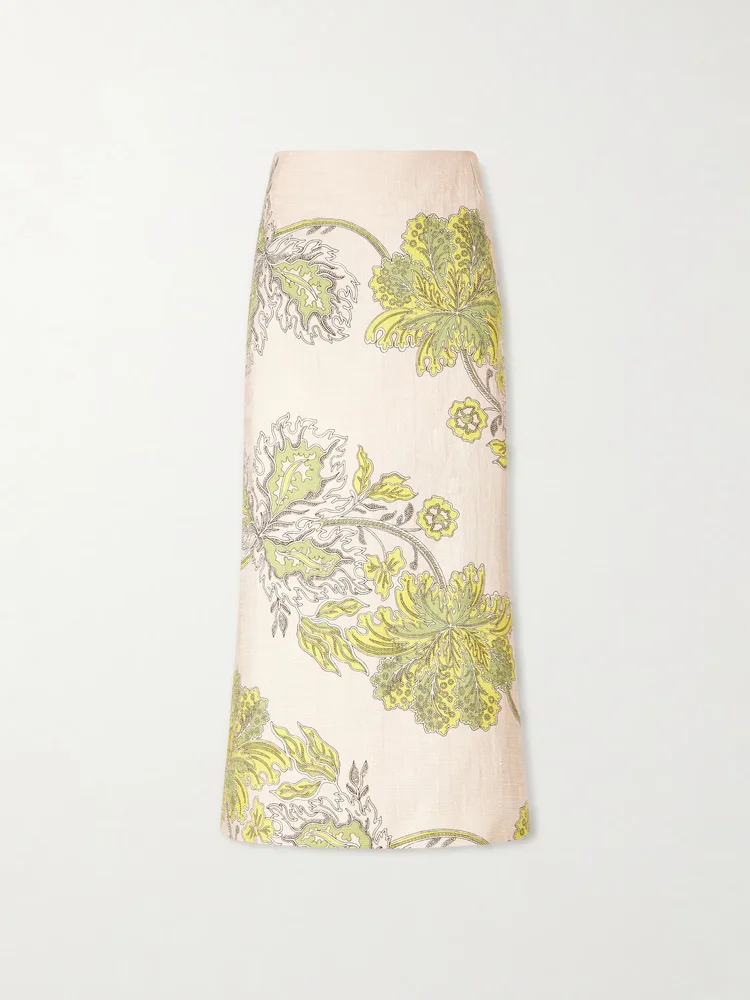 Floral-print textured cotton-blend midi skirt