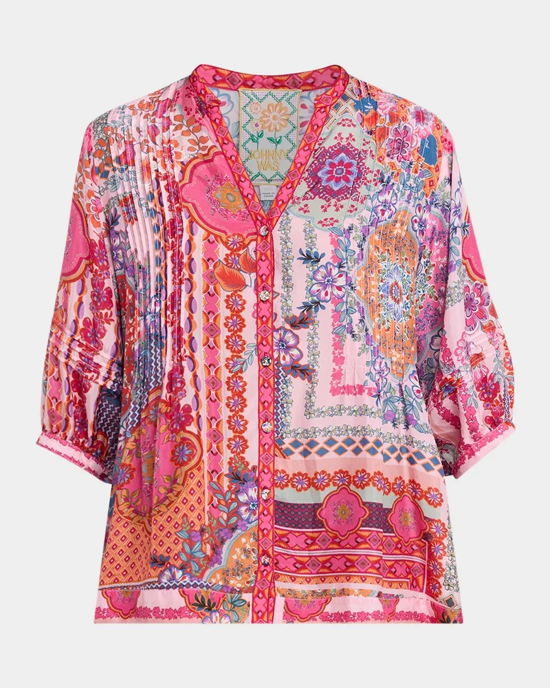 Vacanza Pintuck Floral-Print Silk Blouse