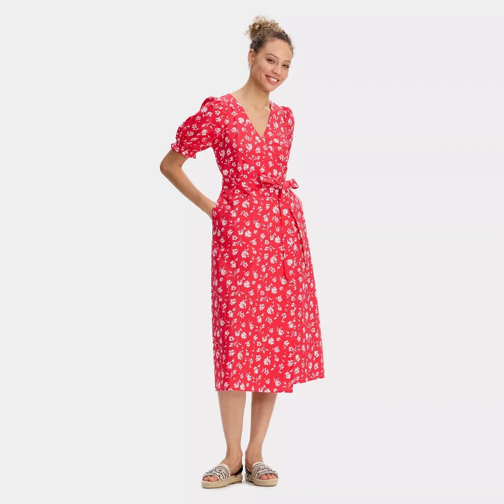 Puff Short Sleeve Midi Wrap Dress