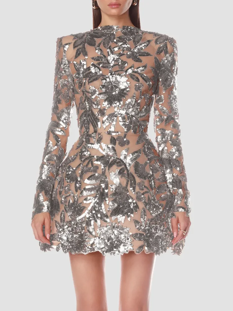 Sequined Floral Long-Sleeve Mini Dress