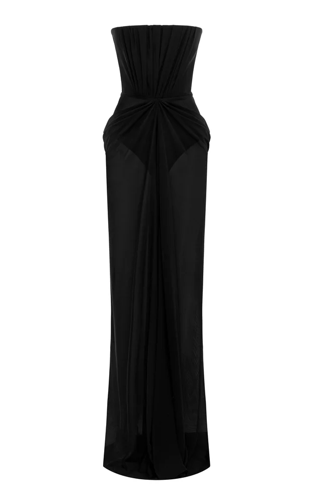Strapless Draped Powermesh Column Gown