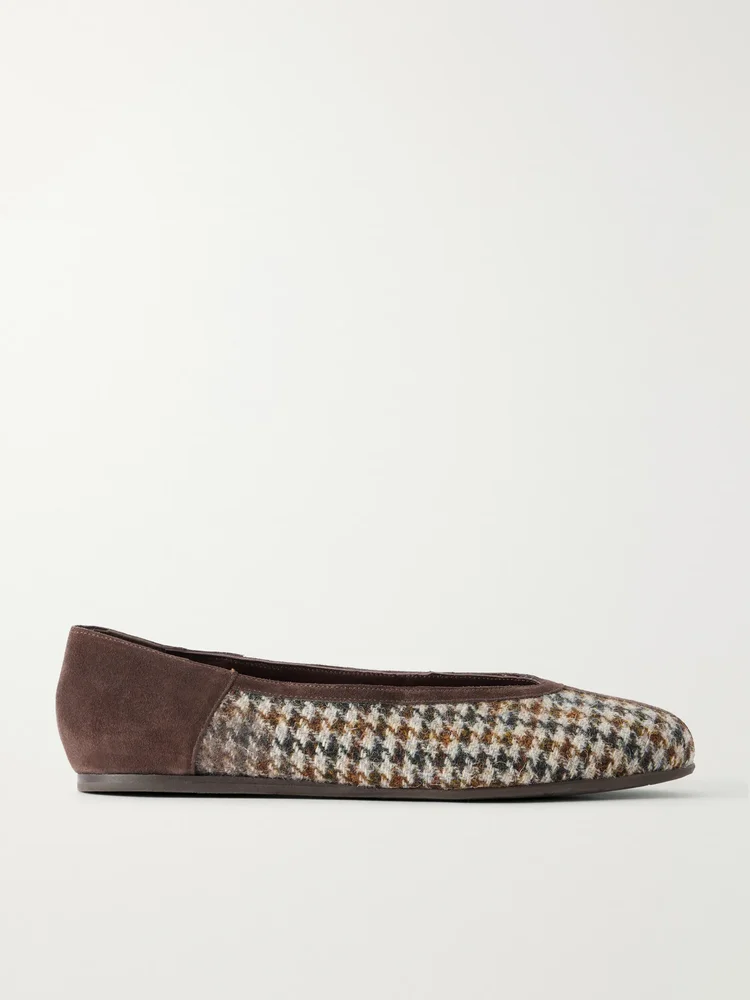 Aeropi suede-trimmed houndstooth tweed ballet flats
