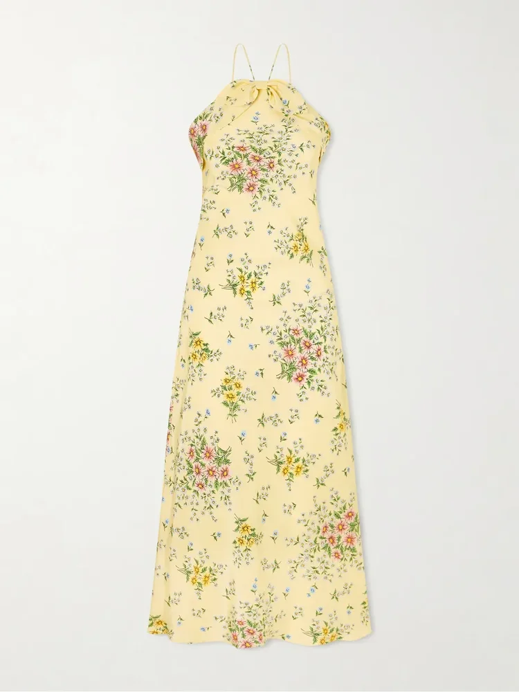 Floral-print bow-detailed halterneck silk-crepe midi dress