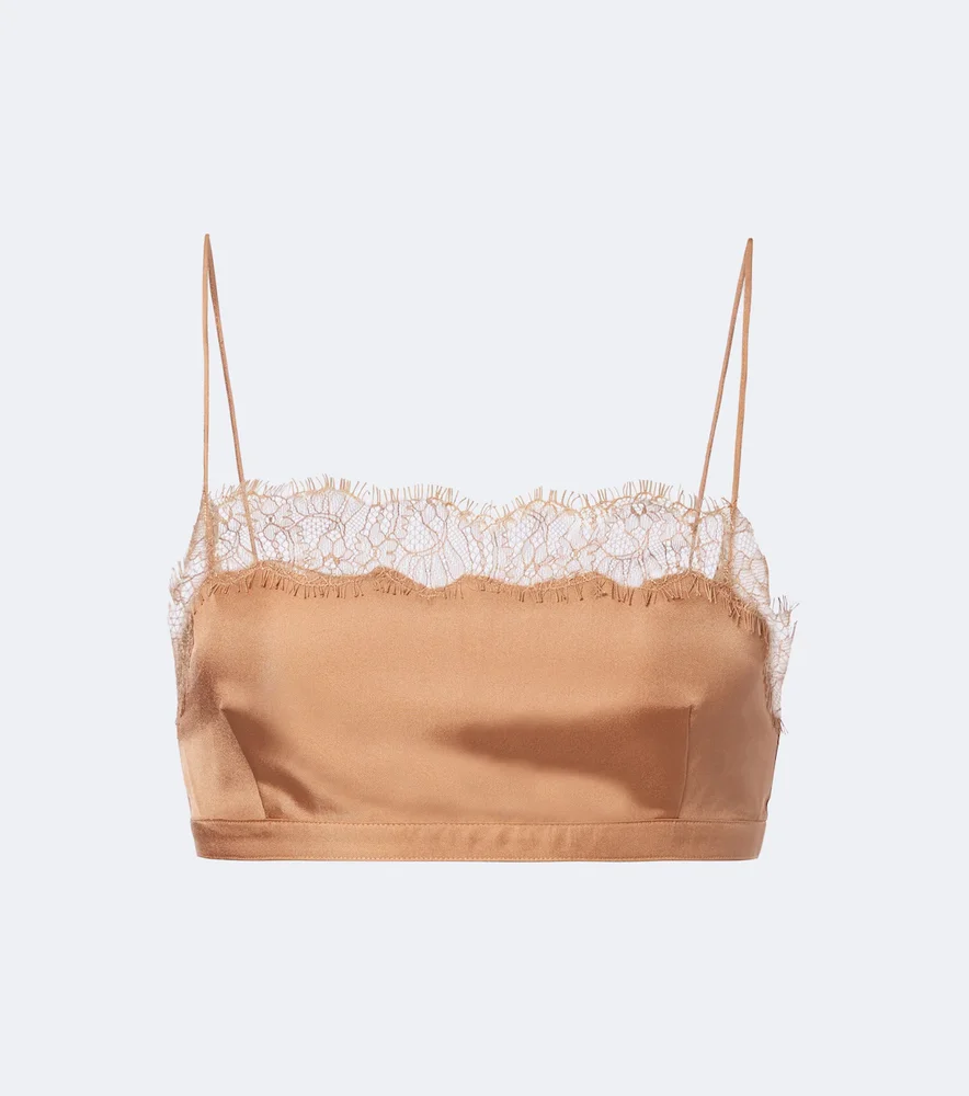 Leiko lace-trimmed silk twill crop top