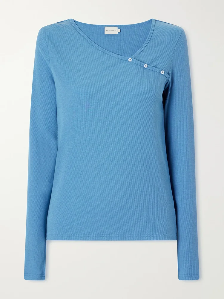 Button-detail ribbed lyocell and wool-blend T-shirt