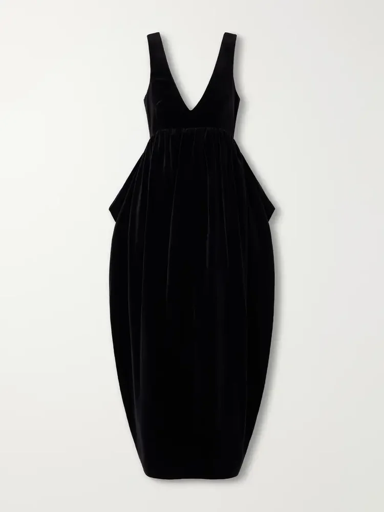 Sculptural Volume peplum cotton-velvet maxi dress