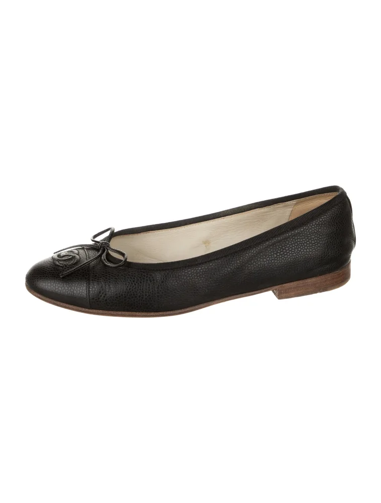 Pre-Owned Black Leather CC Bow Ballet Flats