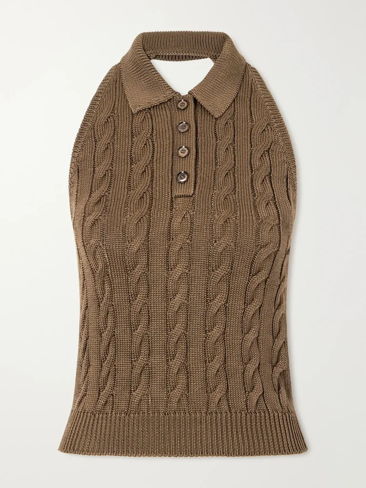 cable knit halterneck stretch silk polo