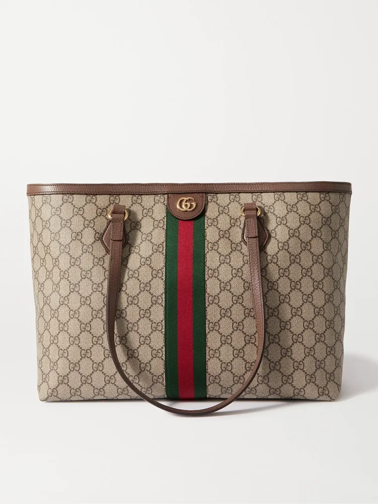 Ophidia medium leather-trimmed coated canvas-jacquard tote