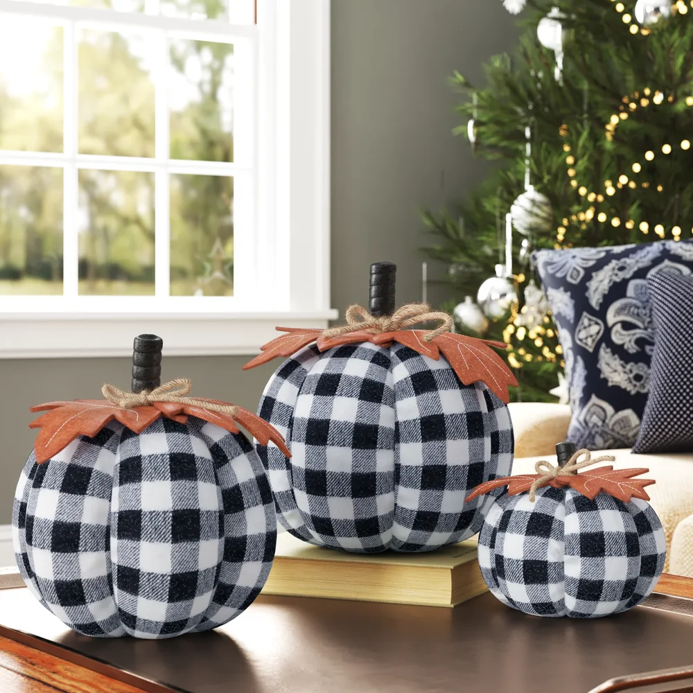 Set of 3 Fabric Black and White Plaid Pumpkins With Leaves