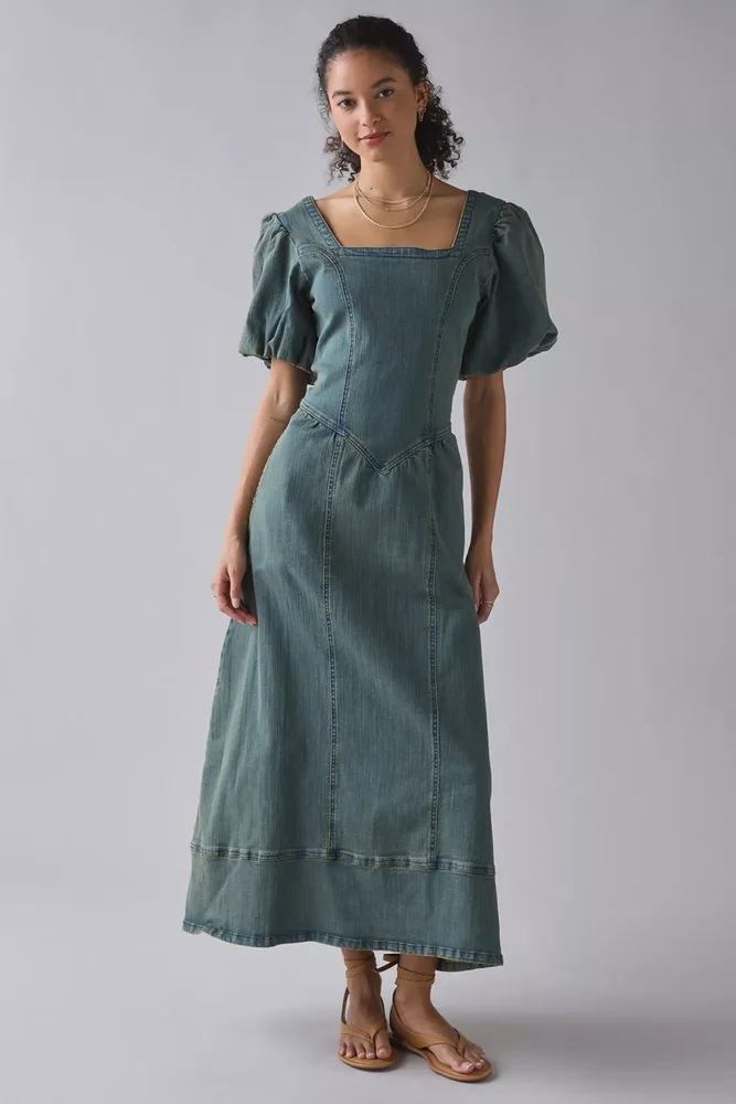 Open Tie-Back Seamed Denim Maxi Dress
