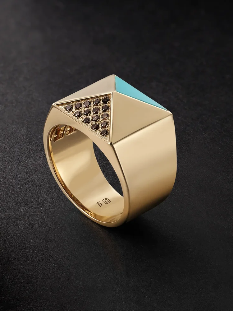 Pyramid Gold, Diamond and Turquoise Ring