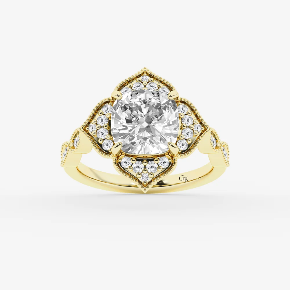 Rania 2 1/3 ctw Cushion Old Mine Cut Lab Grown Diamond Twisted Vintage Side Stone Engagement Ring 14K Yellow Gold
