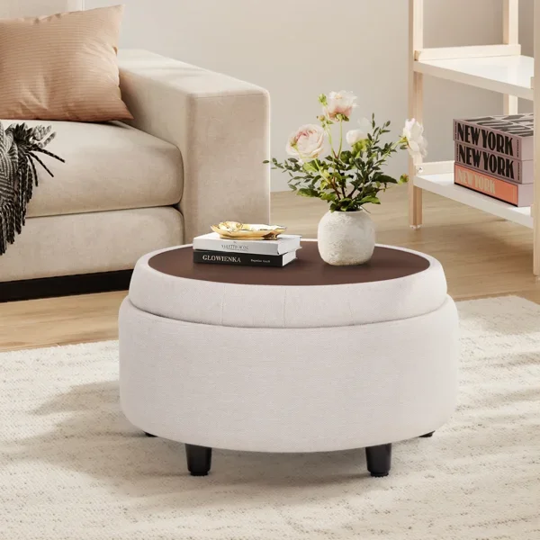 COLAMY Fabric Round Storage Ottoman with Reversible Tray Lid