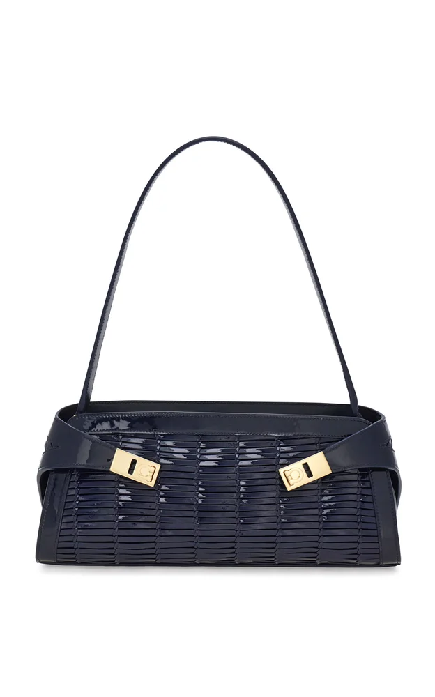East-West Hug Woven Calf Leather Shoulder Bag (S)