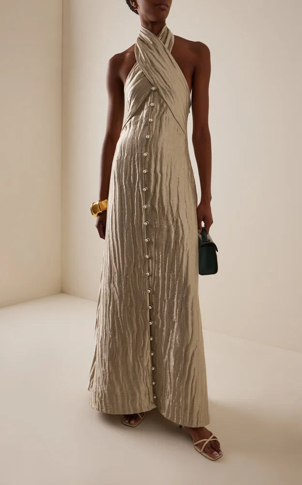 Exclusive Twisted Lamé Maxi Halter Dress