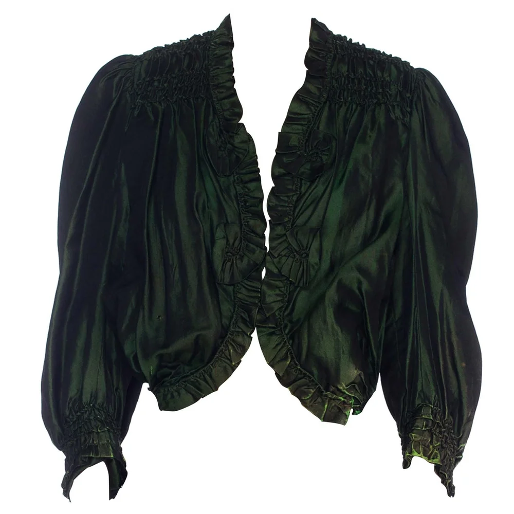 Victorian Arsenic Green Silk Taffeta Shirred & Ruffled Blouse With Spring Boni