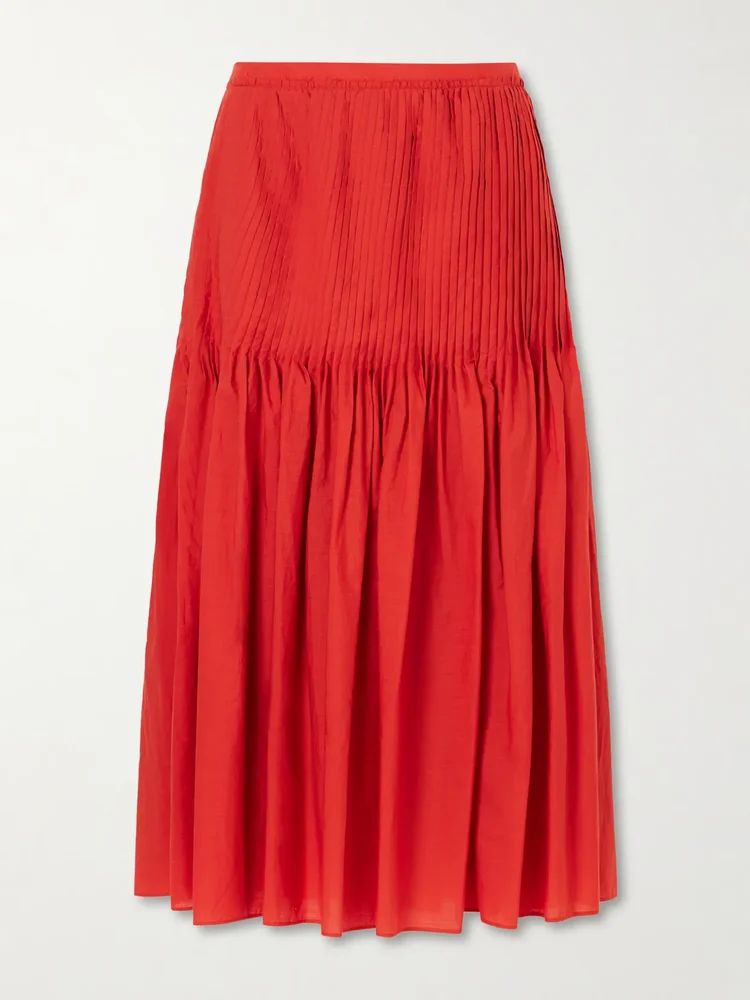 pleated cotton poplin midi skirt