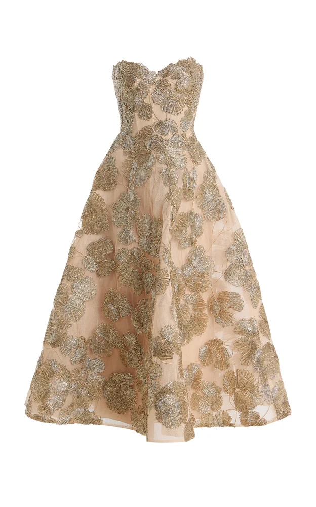 Embroidered Tulle Strapless Midi Dress